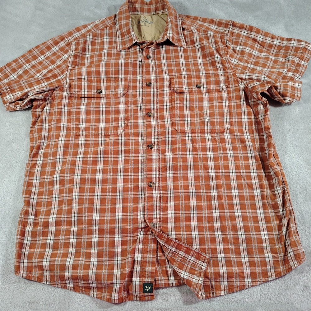 Outdoor Life Shirt Men XL Brown Plaid Waffled Short Sleeve Nerd Office Work